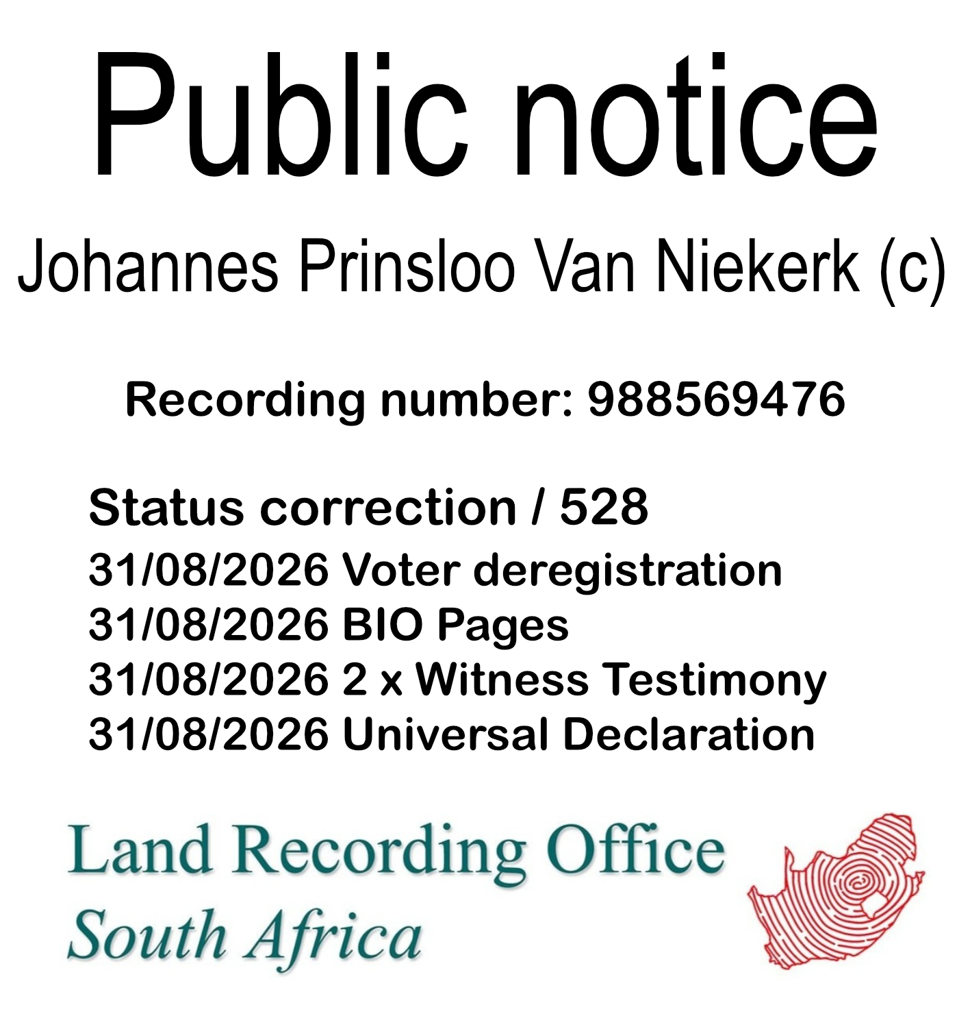 Public notice Johannes Prinsloo Van Niekerk Recording number 988569476